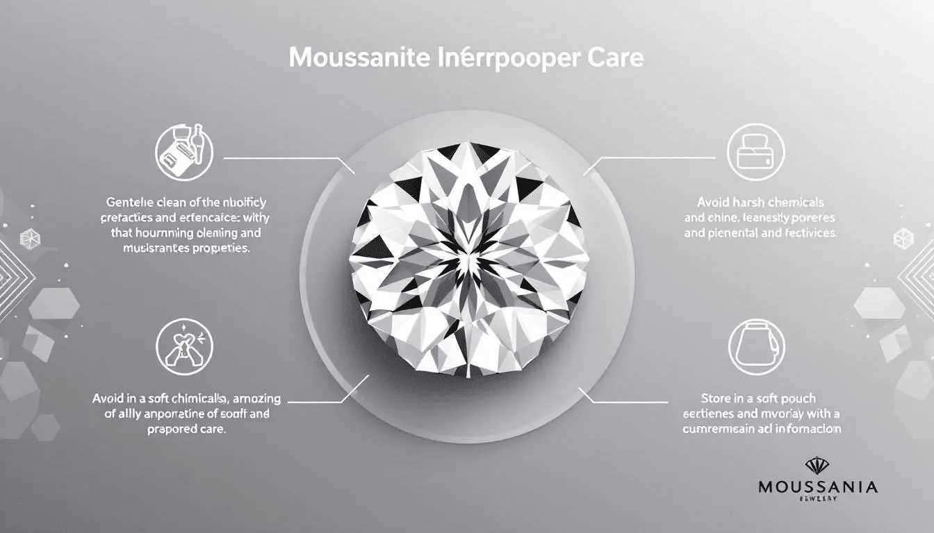 An illustration depicting proper care techniques for moissanite jewelry.