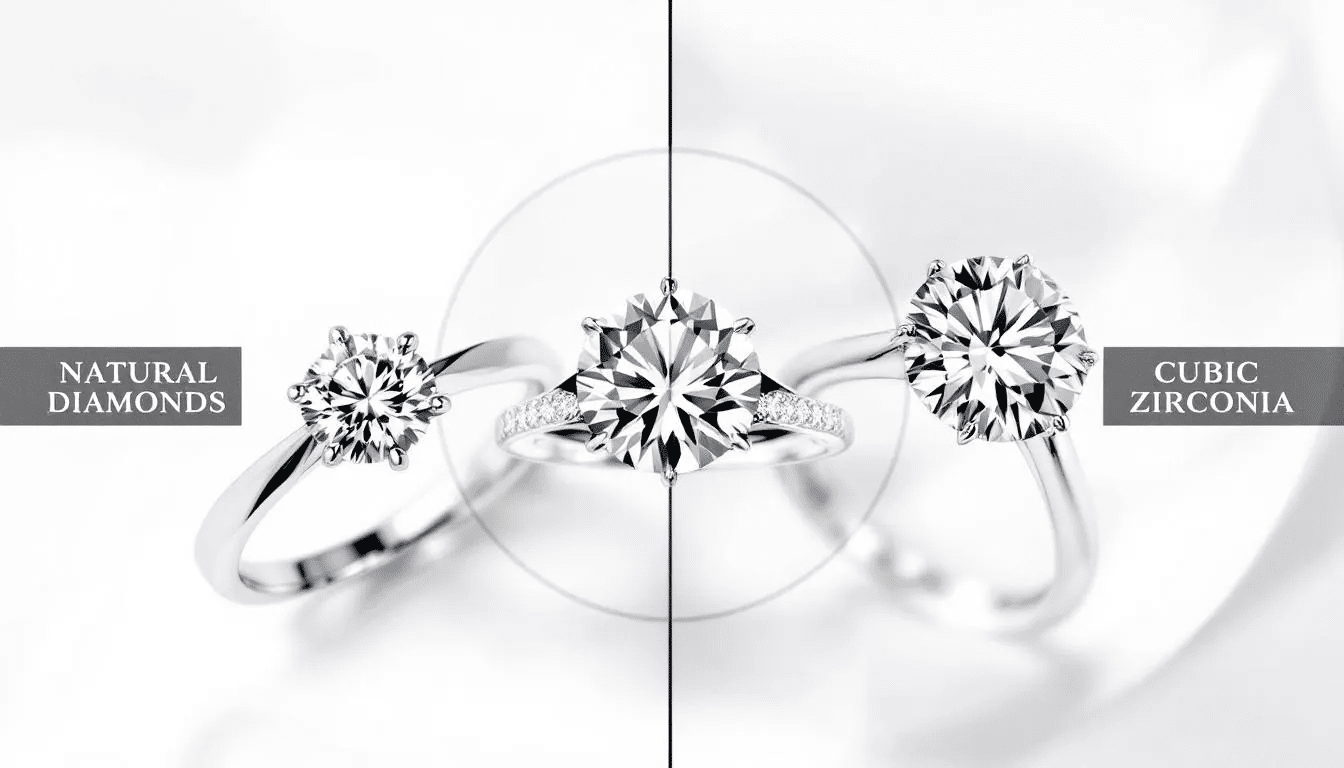 A comparison image showing moissanite engagement rings alongside natural diamonds and cubic zirconia.