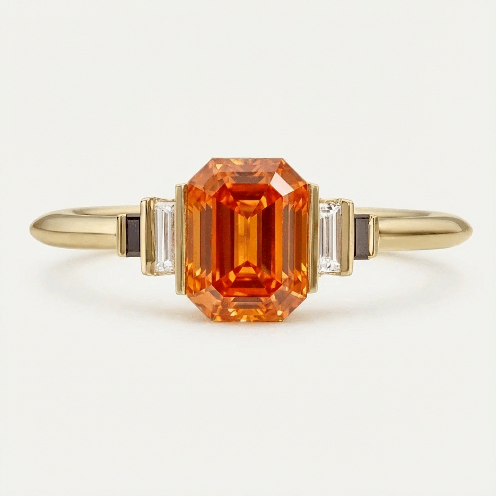 Geometric Emerald Orange Aurelia Moissanite Ring-1 Geometric Emerald Orange Aurelia Moissanite Ring - Image 1