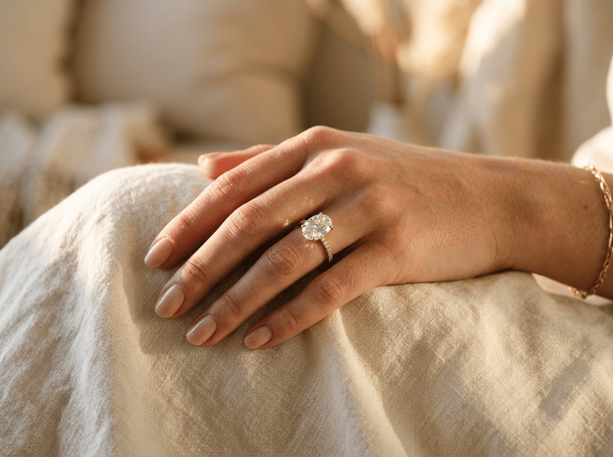 val moissanite engagement ring on a woman's hand catching natural sunlight — Revarado buying guide